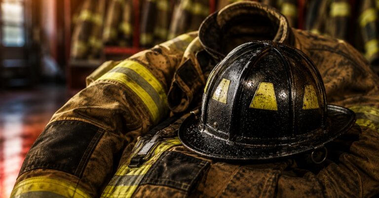 Firefighter turnout gear and helmet illustrating protective equipment discussed in the PFAS Alternatives Act.