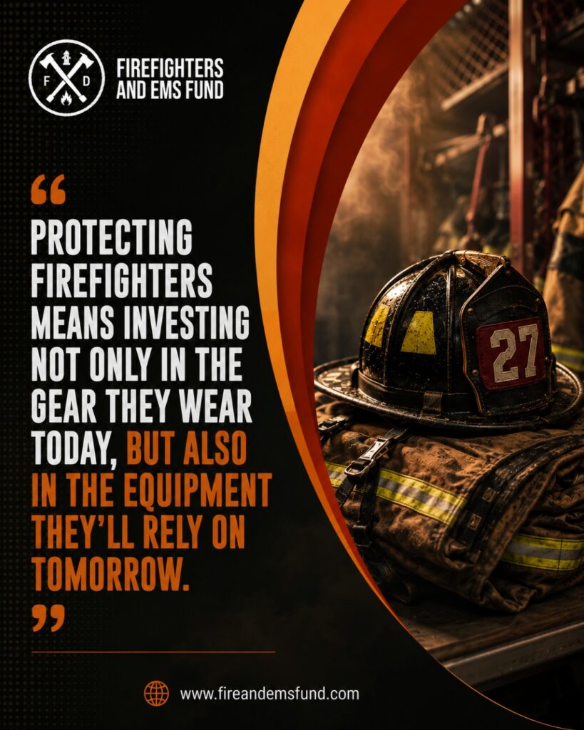 Firefighter helmet and turnout gear beside a quote about investing in protective equipment for firefighter safety.