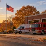 Fire engine and ambulance outside a brick fire station with an American flag in autumn